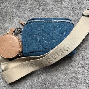 True Religion Blue Denim Crossbody with Cream Strap and Tan Coin Pouch